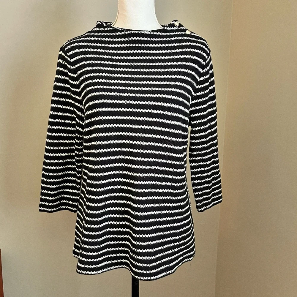 Talbots Sweater Womens Petite L Black White Stripes Knit Gold Button Nautical